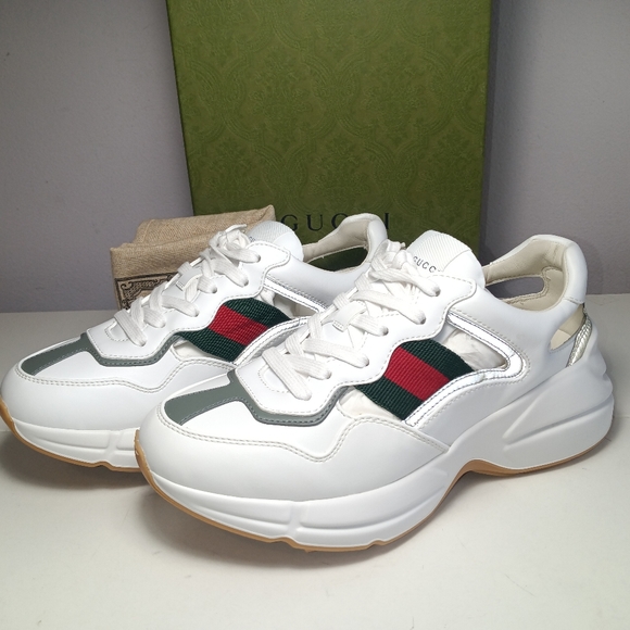 NEW GUCCI RHYTON EVOLUTION CUT-OUT SNEAKERS WHITE WEB LOGO SZ 38.5 - Picture 4 of 16